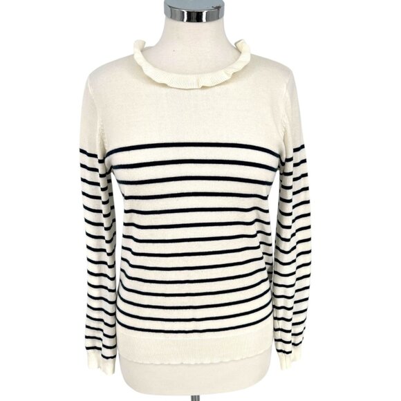 Böhme Striped Ruffled Neck Sweater Ivory White Black Size Medium - Picture 1 of 10